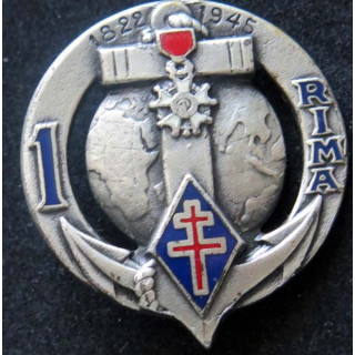 1° RIMA : insigne métallique du 1° régiment d'infanterie de marine de fabrication arémail en émail
