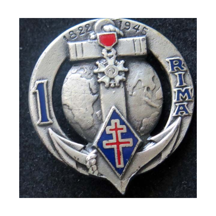 1° RIMA : insigne métallique du 1° régiment d'infanterie de marine de fabrication arémail en émail