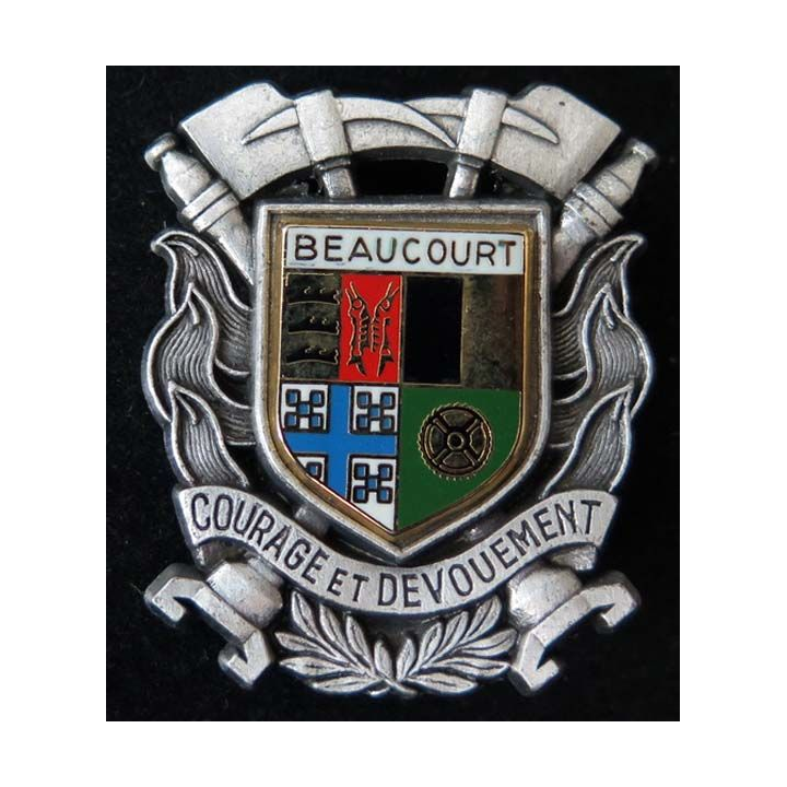 insigne métallique pompiers de Beaucourt de fabrication Ballard