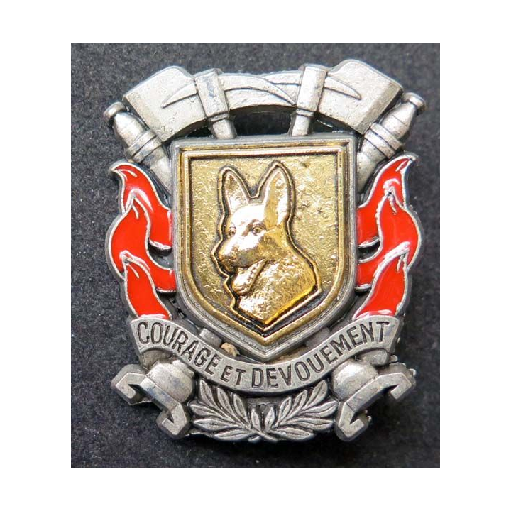 insigne métallique de maître chien fond doré sapeurs pompiers Ballard
