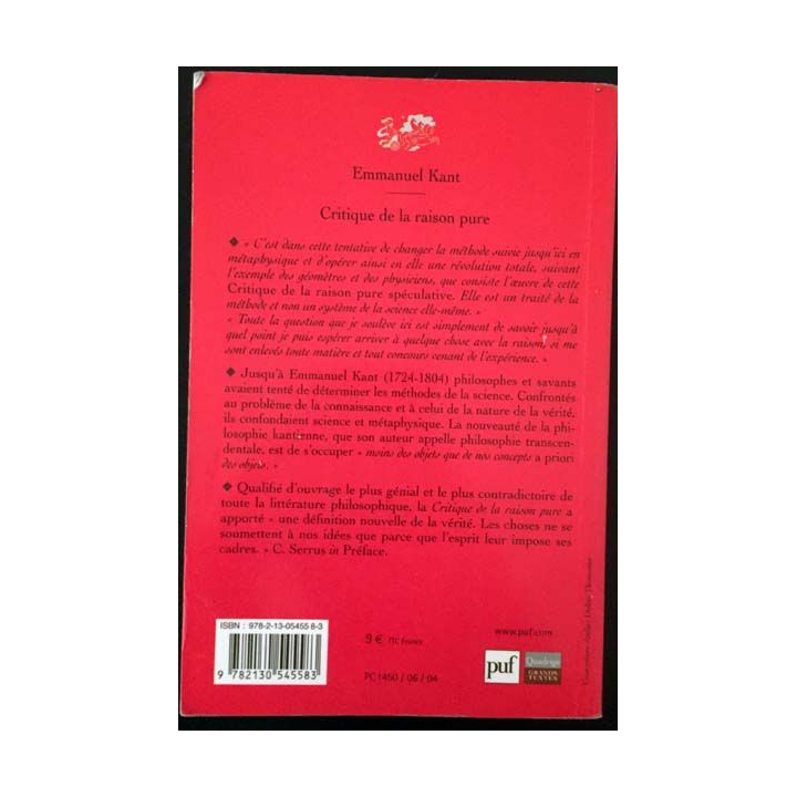 1. Critique la raison pure de Emmanuel Kant aux éditions Presses universitaire de France