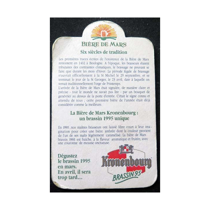 Dessous de verre à bière de Mars Kronenbourg brassin 95  de dimension 9  X 14,5 cm