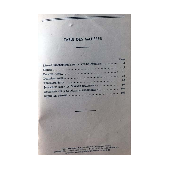 1. La maladie imaginaire de Mollière aux éditions Librairie Larousse