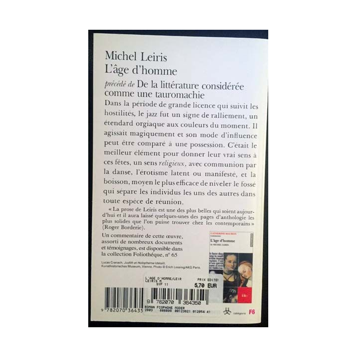 1. L'âge d'homme de Michel Leiris aux éditions Gallimard