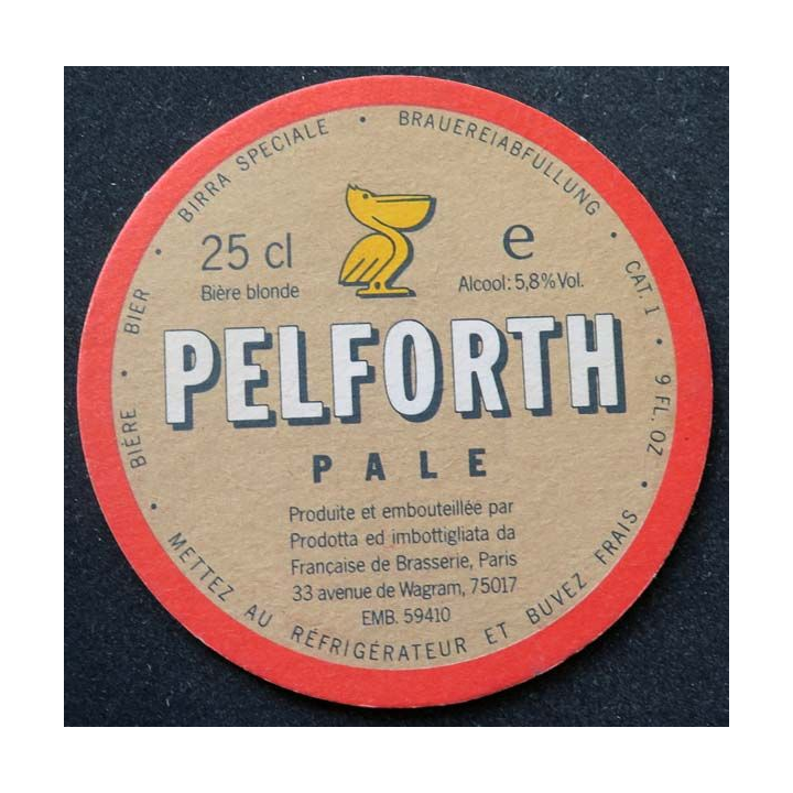 Dessous de verre à bière Pelforth de diamètre 10,3 cm sous verre