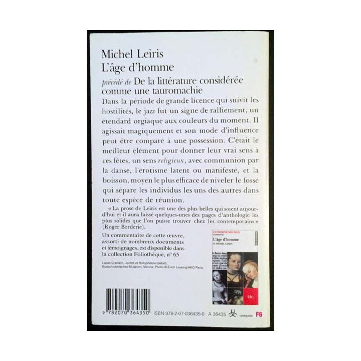 1. L'âge d'homme précédé de De la littérature considérée comme une tauromachie de Michel Leiris aux éditions Gallimard