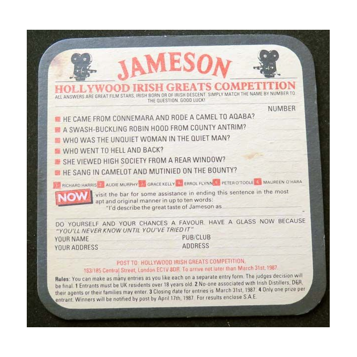 DESSOUS de VERRE à BIÈRE Jameson irish wiskey de largeur 11,5  cm