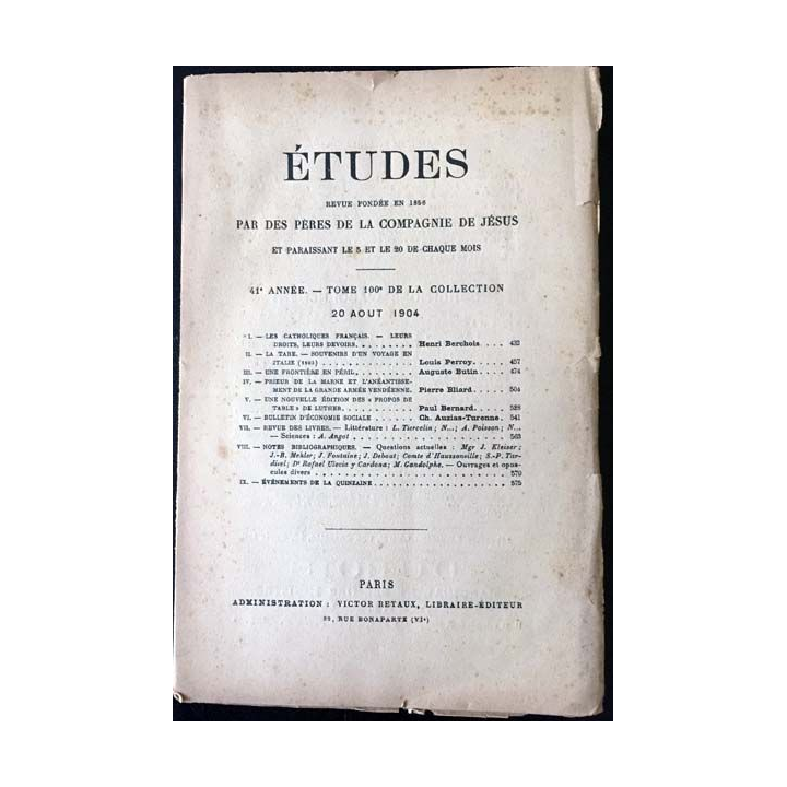 1. Études par des pères de la compagnie de Jésus tome 100 - 20 aout 1904 n°16