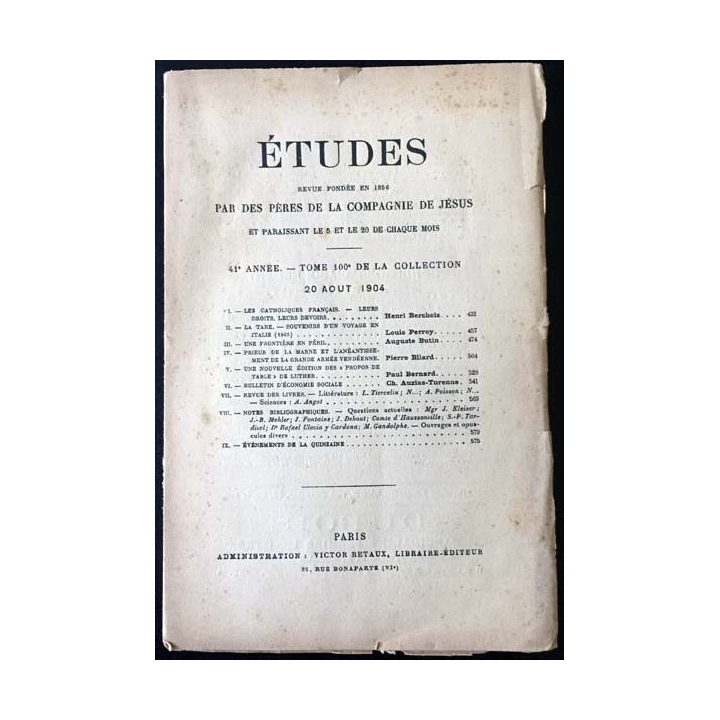 1. Études par des pères de la compagnie de Jésus tome 100 - 20 septembre 1904 n°18