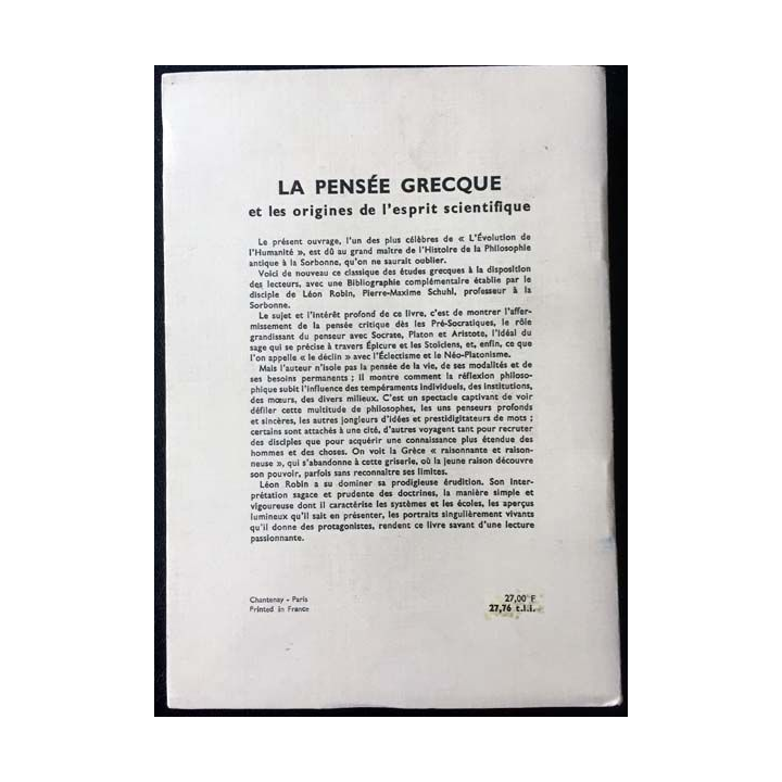1. La pensée grecque et les origines de l'esprit scientifique de Léon Robin aux éditions Albin Michel