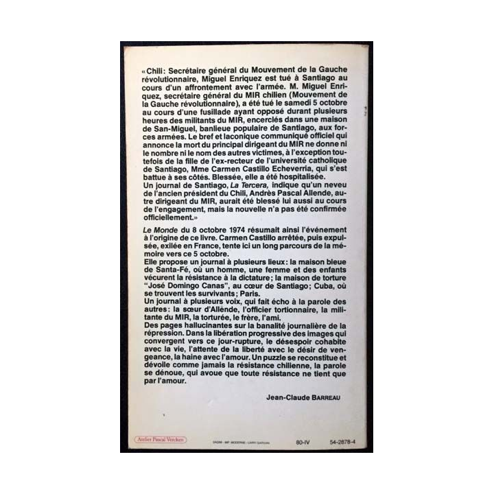 1. Un jour d'Octobre à Santiago de Carmen Castillo aux éditions Stock 2