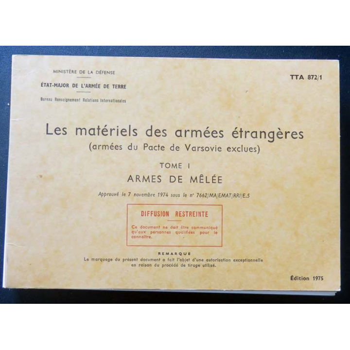 TTA 872/1 matériels des armées étrangères tome 1 armes de mêlée 1975