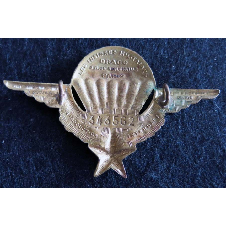 BREVET PARA :  insigne métallique de brevet parachutiste de fabrication Drago Romainville déposé