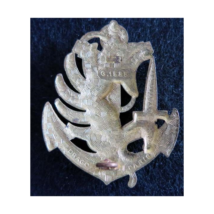 PARA : insigne de béret des troupes parachutistes aéroportées des troupes de marine de fabrication Drago G. 1535 en métal doré