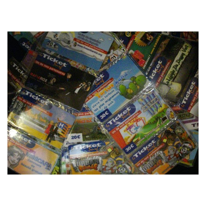 1. Lot de 50 cartes de paiement en ligne TICKET-SURF (100% DIFFÉRENTS)