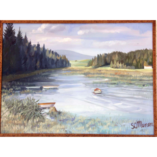 Huile de Svetlana Manen intitulée barques dans les roseaux 1968