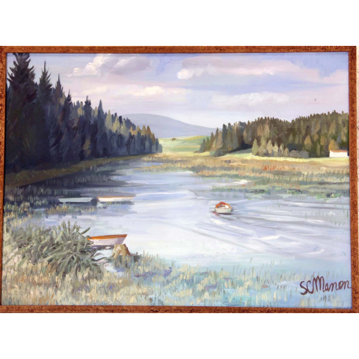 Huile de Svetlana Manen intitulée barques dans les roseaux 1968