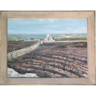 Huile de Svetlana Manen intitulée Trulli dans le vignoble 1967