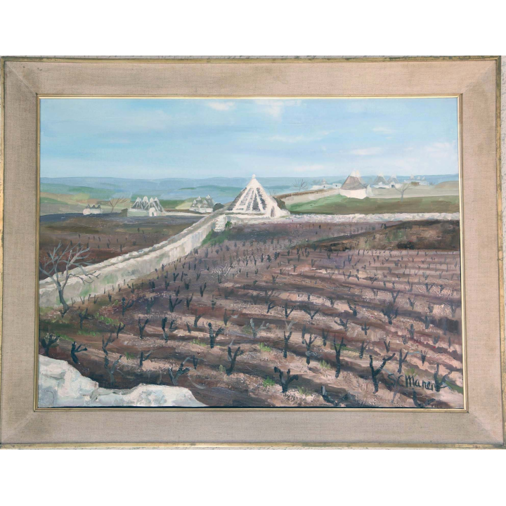Huile de Svetlana Manen intitulée Trulli dans le vignoble 1967