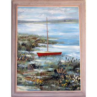 Huile de Svetlana Manen intitulée Le voilier rouge 1970