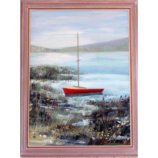 Huile de Svetlana Manen intitulée Voilier sur le lac 1970