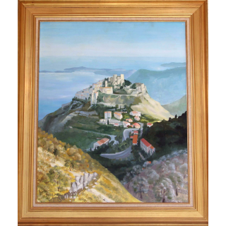 Huile de Svetlana Manen intitulée Eze Village 1992