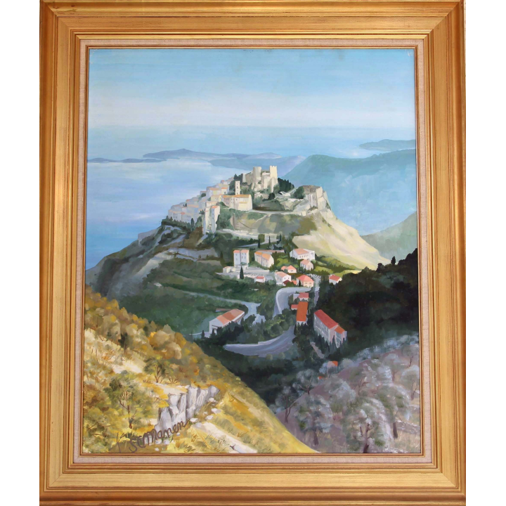 Huile de Svetlana Manen intitulée Eze Village 1992