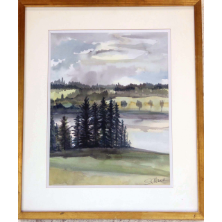 Aquarelle de Svetlana Manen intitulée Sapins au bord du lac