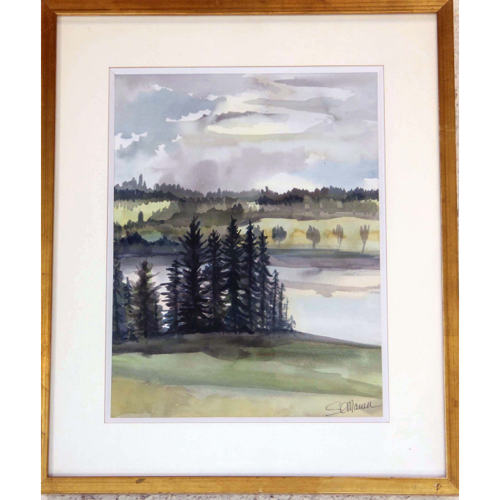 Aquarelle de Svetlana Manen intitulée Sapins au bord du lac