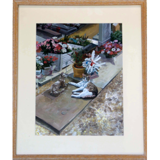 Acrylique de Svetlana Manen Chat vivant devant statue Asnières