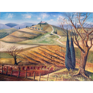 Huile de Svetlana Manen intitulée Campagne Toscane 1967