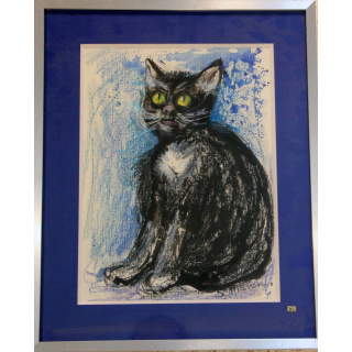 Aquarelle de Svetlana Manen intitulée au clair de la lune (chat) 1986