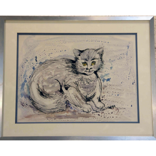 Aquarelle de Svetlana Manen intitulée la petite chatte grise 1986