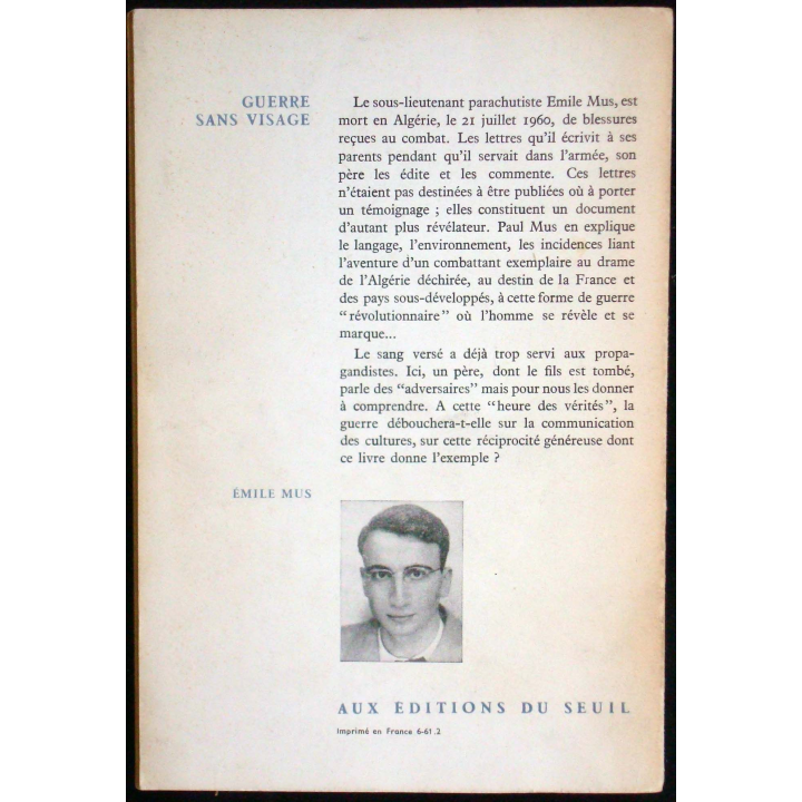 Guerre sans visage écrit par Paul Mus aux éditions du Seuil - 0160