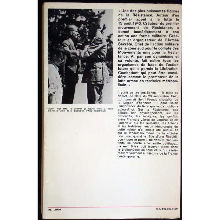 La nuit finira. Mémoires de Résistance 1940-1945. H. Frenay Ed Laffont