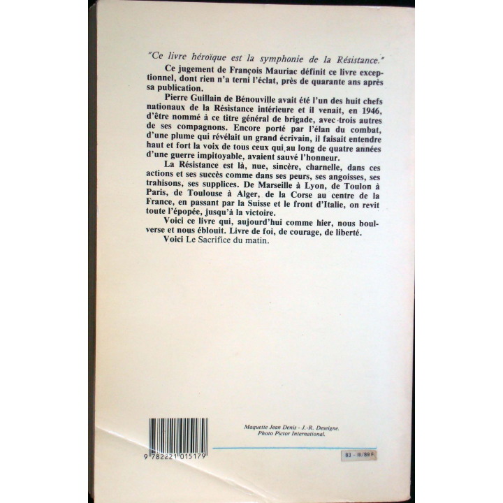 Le sacrifice du matin. Guillain de Bénouville Editions Robert Laffont