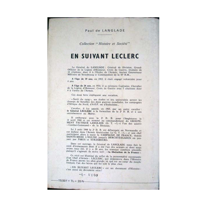 En suivant Leclerc, écrit par Paul De Langlade 2° Guerre mondiale