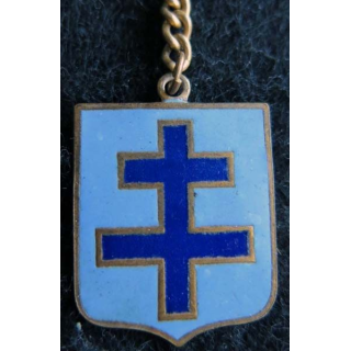 BLASON CROIX DE LORRAINE  : insigne métallique ancien blason en émail croix de Lorraine 23 x 30 mm anneau et chainette