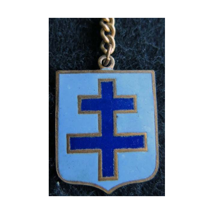 BLASON CROIX DE LORRAINE  : insigne métallique ancien blason en émail croix de Lorraine 23 x 30 mm anneau et chainette