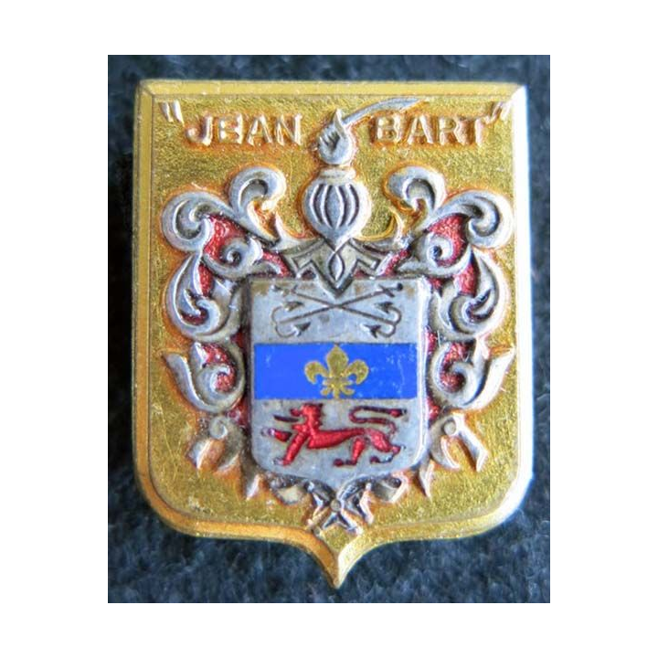 JEAN BART : insigne métallique du cuirassé Jean Bart de fabrication Augis Lyon dos lisse argenté en émail
