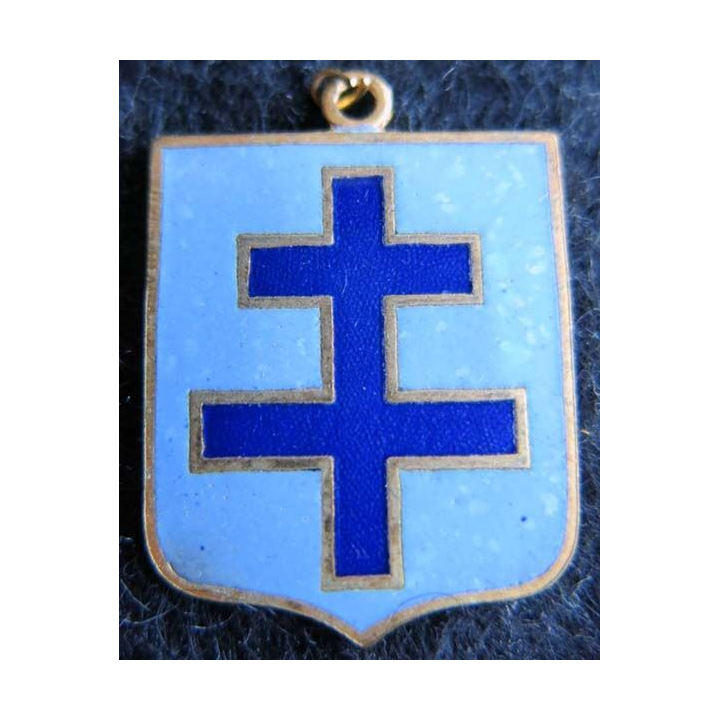 BLASON CROIX DE LORRAINE  : insigne métallique ancien blason en émail croix de Lorraine 23 x 30 mm anneau suspension