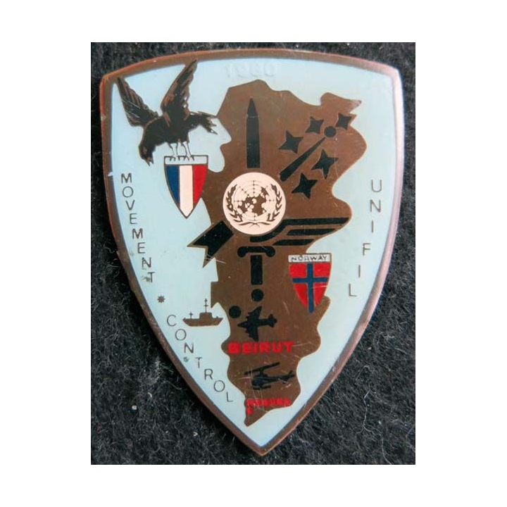 MC UNIFIL : insigne métallique du Movement Control de l'Unifil de fabrication locale