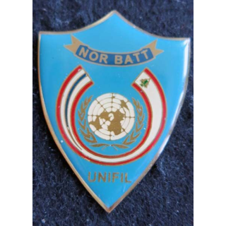 NORBATT : insigne métallique du bataillon norvégien de la FINUL de fabrication locale