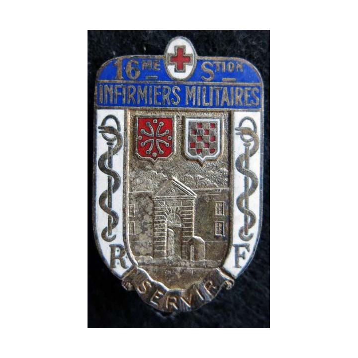 16° SIM : insigne métallique de la 16° section d’infirmiers militaires de Lunel de fabrication Drago Béranger déposé