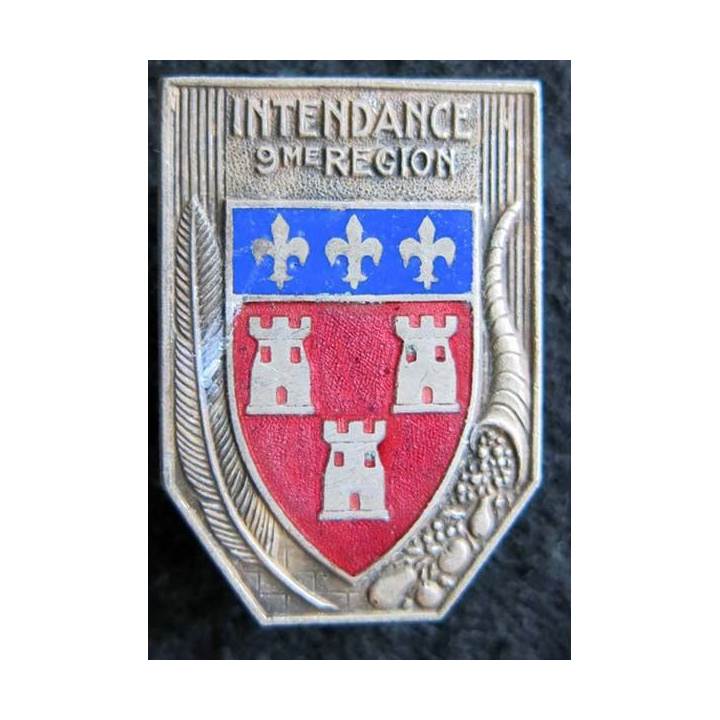 INTENDANCE 9° RM : insigne de l'intendance de la 9° région militaire de fabrication Drago rue Béranger en émail