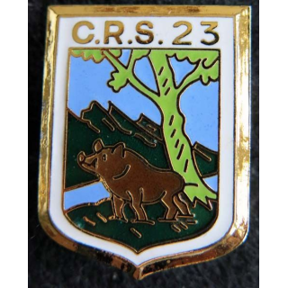 CRS 23 : insigne métallique de la compagnie républicaine de sécurité n° 23 fabrication Destrée émail