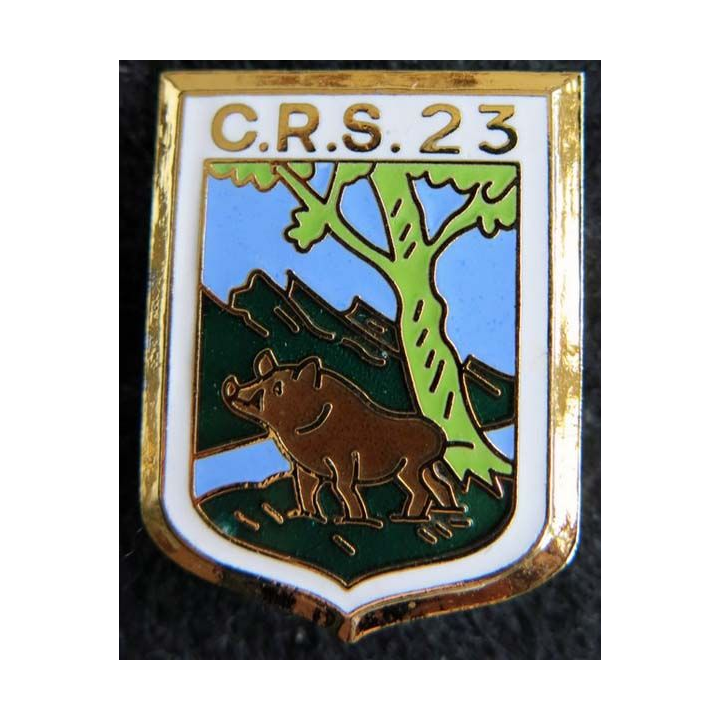CRS 23 : insigne métallique de la compagnie républicaine de sécurité n° 23 fabrication Destrée émail