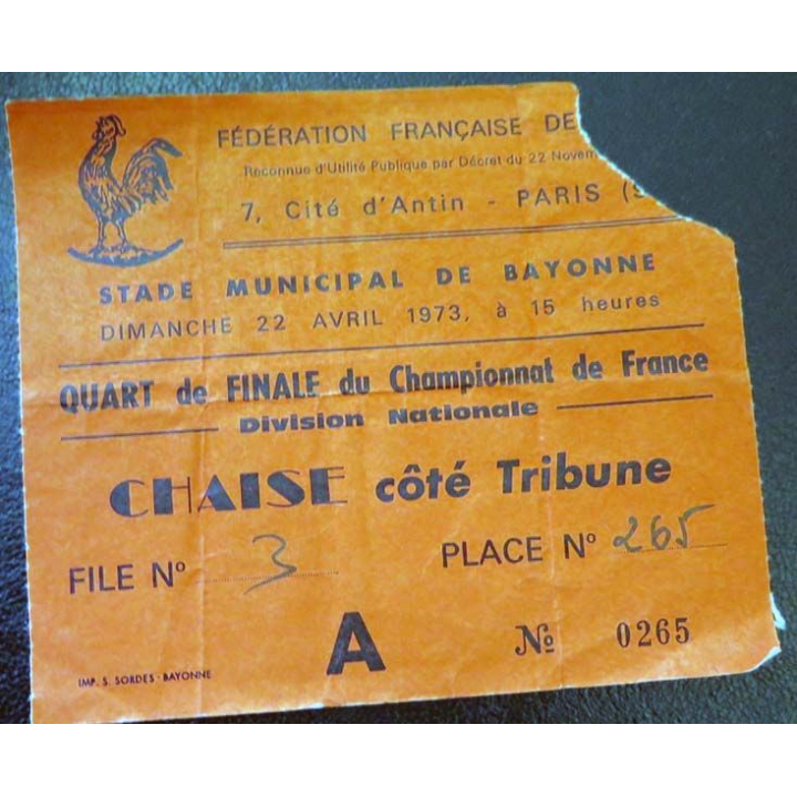 Billet Match de quart de finale de championnat de France Rugby 1973