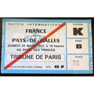 Billet de Match international France Pays de Galles 1973 Parc des Princes