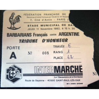 Billet des Barbarians Français contre Argentine FF Rugby 1982 Dax
